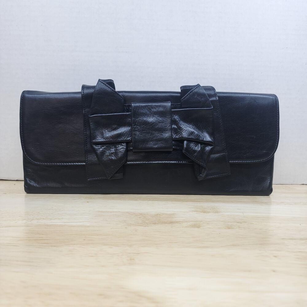 Tracey Vest Black Leather Bow Clutch Handbag Oversized Evening Purse Rose Lining
